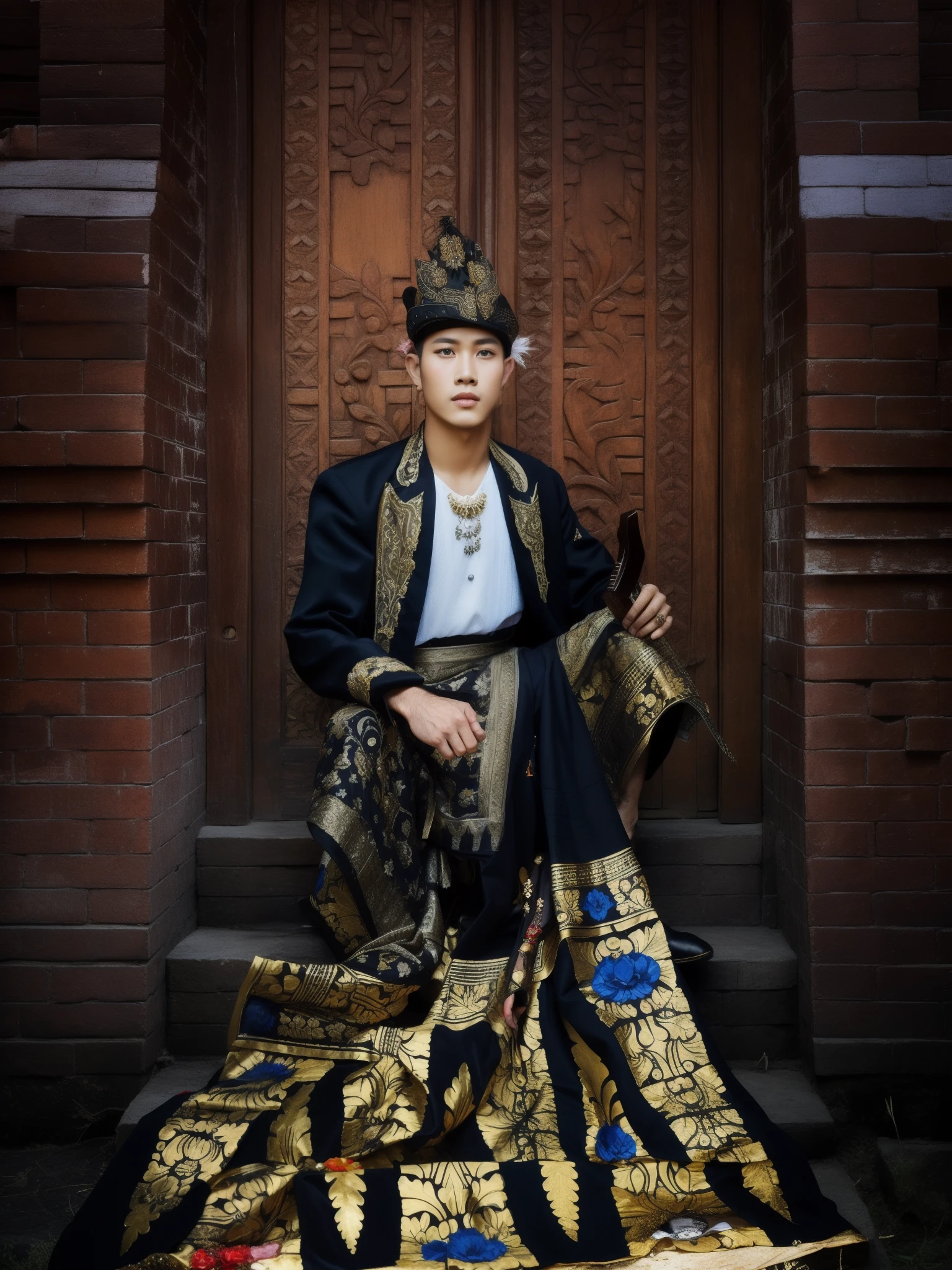 arafed man in a traditional costume sitting on a step, wearing ornate clothing, traditional clothes, traditional dress, wearing an ornate outfit, beautiful androgynous prince, traditional clothing, wearing traditional garb, ornate attire, barong family member, inspired by I Ketut Soki, traditional tai costume, traditional costume, wearing authentic attire, traditional beauty