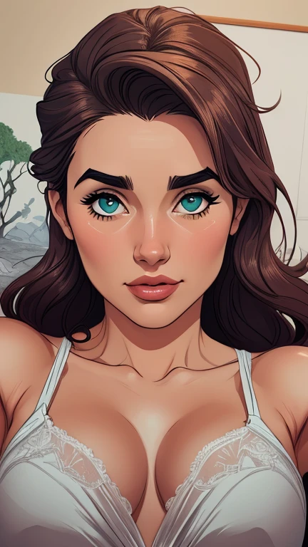 Personagem poses de fotografia sensual Imagem de desenho animado de uma mulher .cartoon style illustration, , digital illustration style, design de personagens altamente detalhado, arte digital detalhada coragem, Forest fan art, Design de personagens de retrato, beautiful digital illustration, retrato de alta qualidade, Arte em quadrinhos, mulher jovem cabelo com transas lindas . Beautiful lined eyes Medium large bust and wonderful sexy clothes. image expression of sexual desire from waist to head illustration Jennifer Connelly