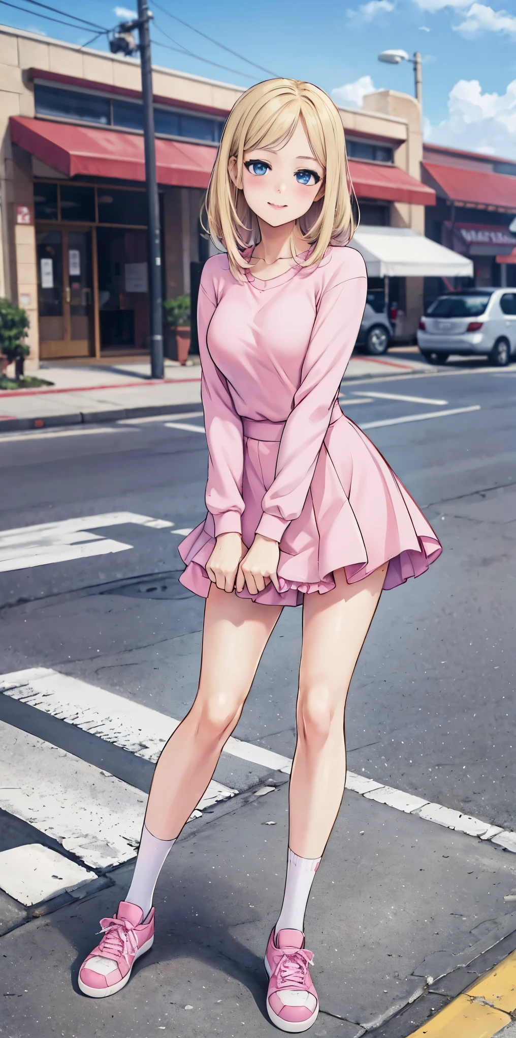 beautiful, (masterpiece:1.2), (best quality:1.2), Beautiful -yeld wh girl with blue eyes, long swept-back straight blond hair, Happy), Pink and white frilly miniskirt, pink shirt, pink socks, white sneakers, California City background, daylight.