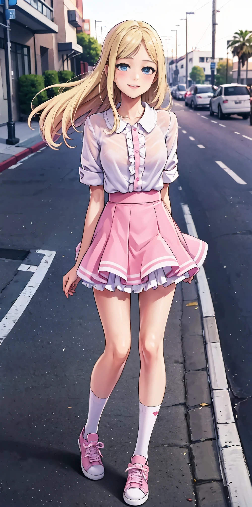 beautiful, (masterpiece:1.2), (best quality:1.2), Beautiful -yeld wh girl with blue eyes, long swept-back straight blond hair, Happy), Pink and white frilly miniskirt, pink shirt, pink socks, white sneakers, California City background, daylight.