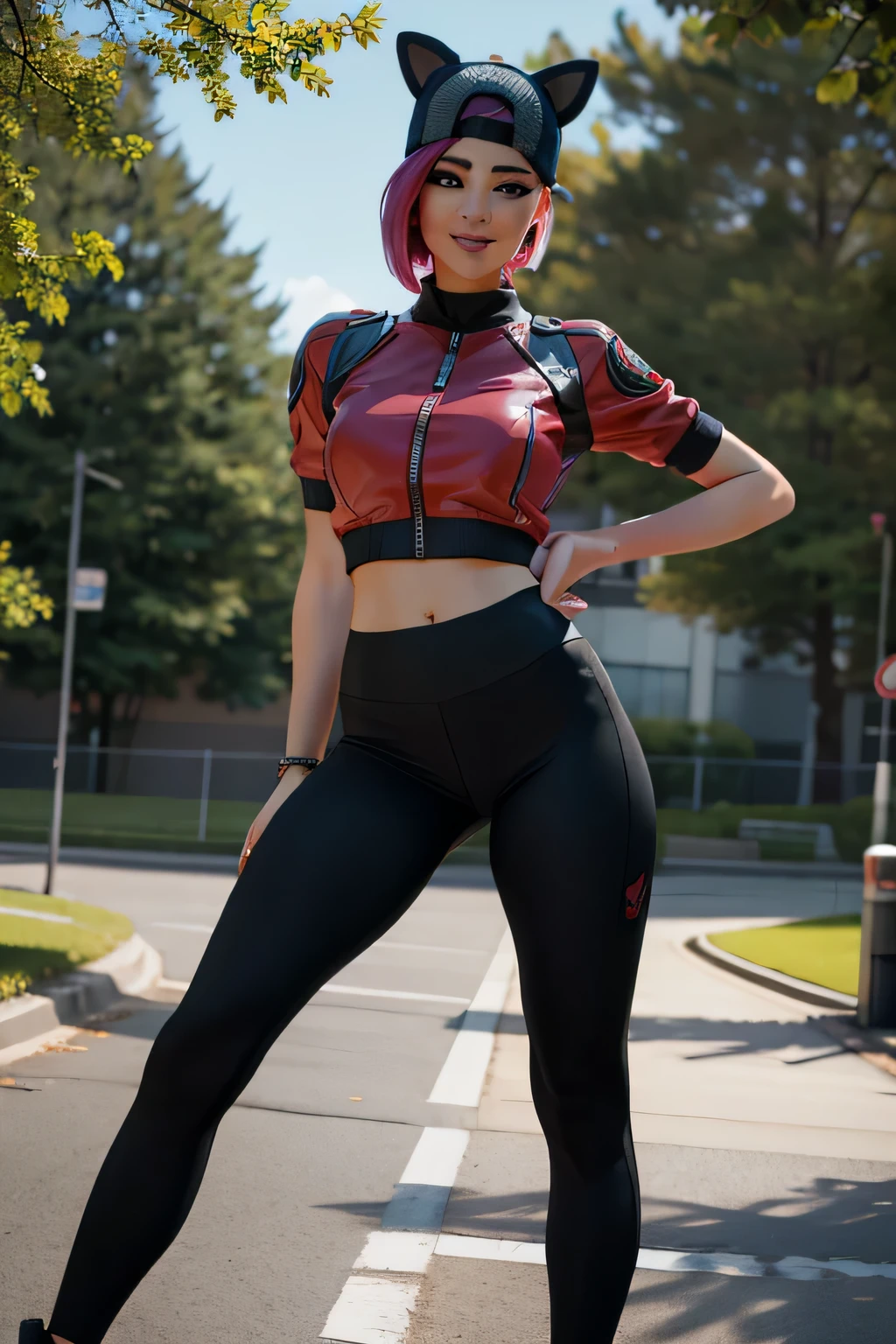 1 chica, (obra maestra), (Mejor calidad), de pie, (solo), mirando al espectador, alto detallado,Extremadamente detallado, Ojos finos, sonrisa,dynamic pose, pelo corto rosa,gorra,top corto, chaqueta,guante sin dedos,con curvas,bosque,anteojos,(leggins grises),(retrato:1.2),