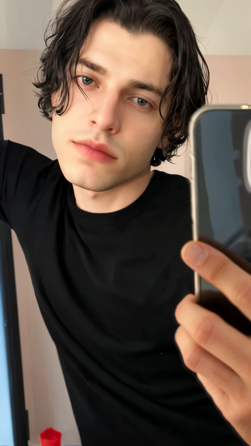 arafed man taking a selfie in front of a mirror, very very low quality picture, headshot profile picture, taken in the early 2020s, looking defiantly at the camera, he is wearing a black t-shirt, halfbody headshot, with his long black hair, profile picture, pete davidson, iphone selfie, tommy 1 6 