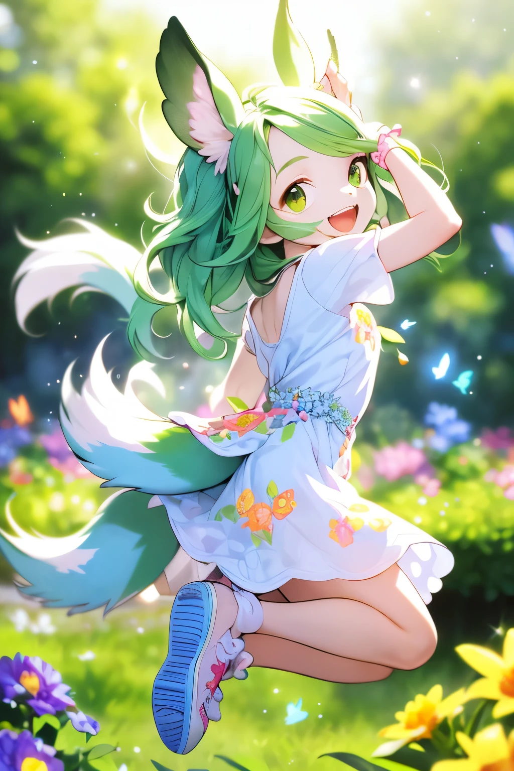 1girl, skunk ears and tail, playful, mischievous, bright smile, vibrant colors, sunny garden, blooming flowers, green grass, sparkling dewdrops, fluttering butterflies, whimsical atmosphere, lively energy, flowing dress, wind-blown hair, cute sneakers, jumping and laughing, yellow gas emitting from behind, funny situation, comedic expression, expressive eyes, animated character, cartoon style, dynamic poses, lively movement, joyful mood, silly antics, playful behavior, delightful scene, light-hearted ambiance, aromatic flowers, fresh scent, cheerful outlook, delightful surprises, joyful interactions, happy vibes. (best quality, highres), (realistic:1.37), vivid colors, bokeh, playful lighting.
