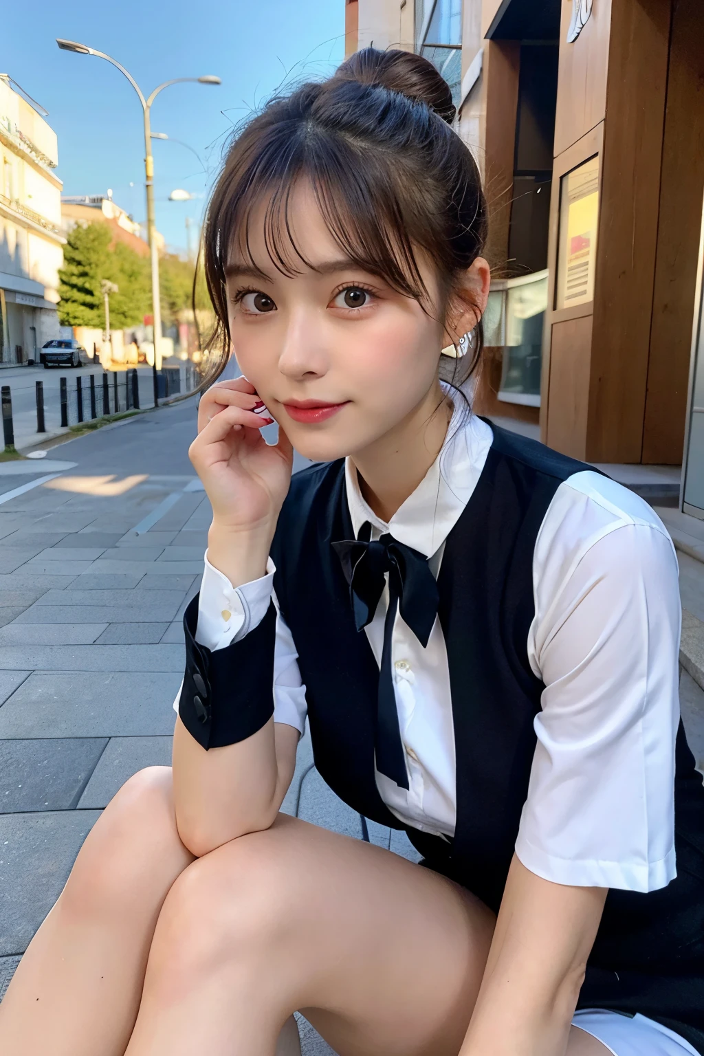 best quality, Mise au point du visage, Soft light, ultra haute résolution, (photorealistic:1.4), Photo brute, 1fille japonaise, seulement, mignon, (sourire timide:0.5), (yeux marrons, Lights in the eyes), beautiful detailed face, (petite poitrine),(détail haute résolution de la texture de la peau humaine), (Cheveux courts), CASSER, en classe,uniforme scolaire de la marine, gilet, jupe