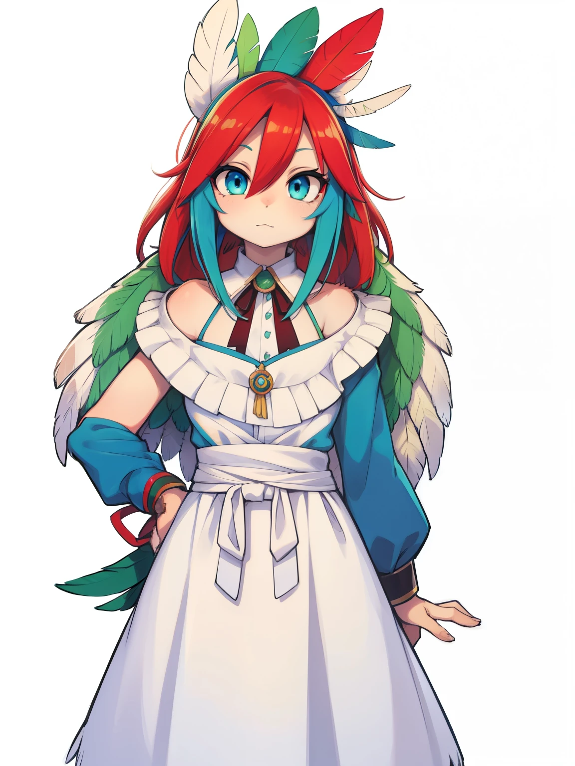 anime character, feathers hair, red, green, blue, eyes, blue and green, macaw, wings, feathers, 