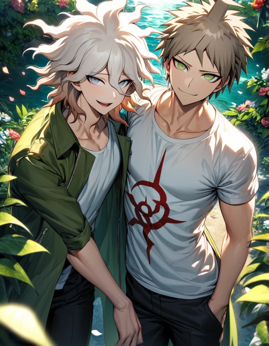 Ultra detailed, Highres, absurdres, HDR, Komaeda Nagito, white hair, silver eyes, Hinata Hajime, light brown hair, Danganronpa, green long coat, white tight t-shirt, black pants, smirking, green leaves, summer, flowers and petals, handsome, 2 man together, gay couple