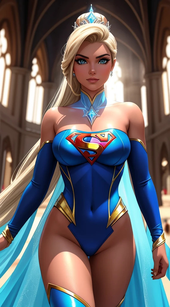 Merger between Elsa and Superman, Roupas do Super-man, melting, 1girl, Beautiful, (master part:1.2), (melhor qualidade:1.2), ((pose de luta)), ((campo de batalha)), cinemactic, olhos perfeitos, pele perfeita, perfect  lighting, sorrir, luz, cor, pele texturizada, detalhe, Beleza, maravilha, ultra-detalhado, rosto perfeito