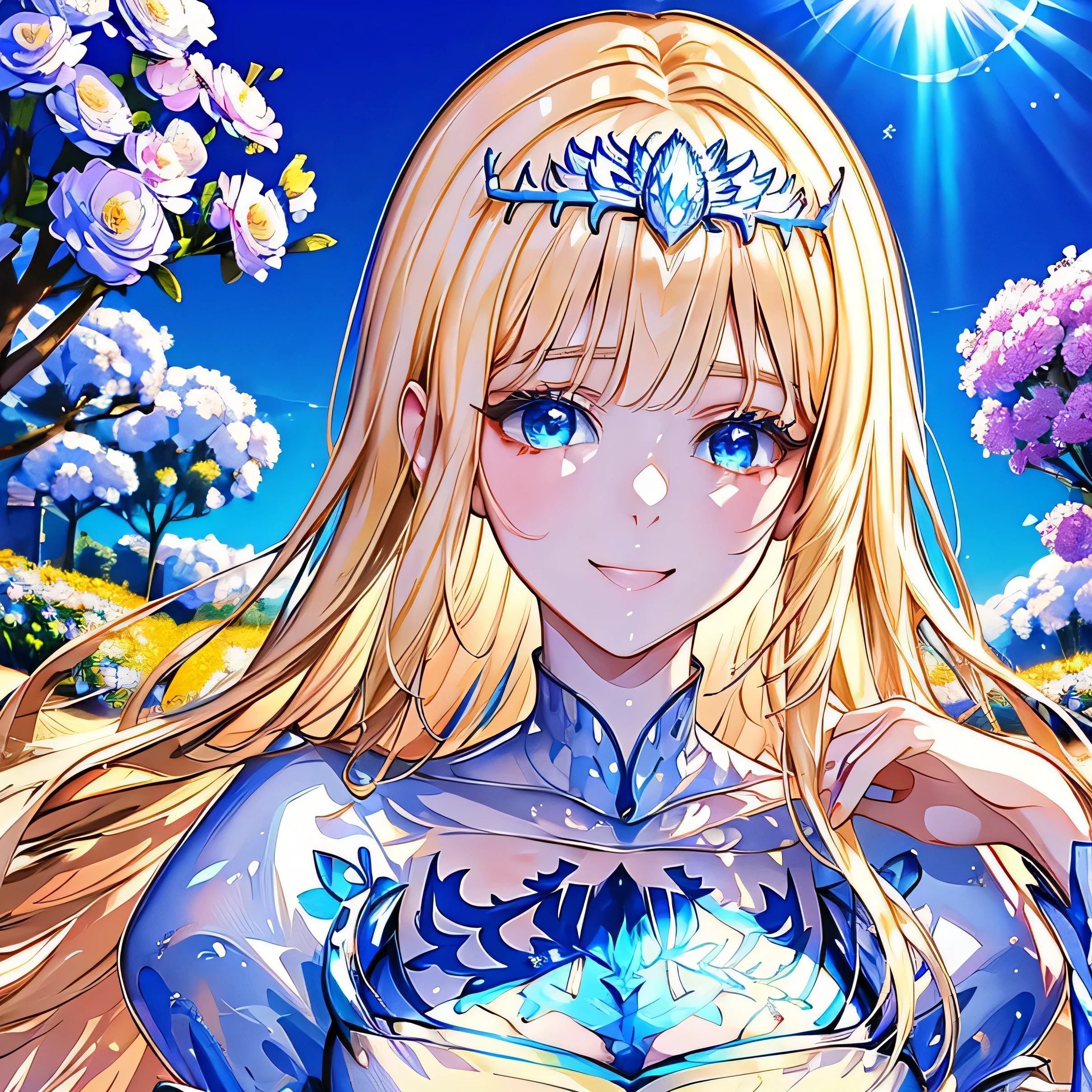 (Best Quality, Masterpiece, High Resolution), 1angel,, blue eyes, wearing tiara, ), stunning, cute, heartwarming smile, beautiful aster flower garden, gazebo, castle, mesmerizing sunlight, good proportion, detailed face, detailed accessories, symmetry, novel cover, close up, Calca, blonde hair, extremely long hair, white tiara, white dress, blue eyes, medium breasts, two angel wings, large white wings.