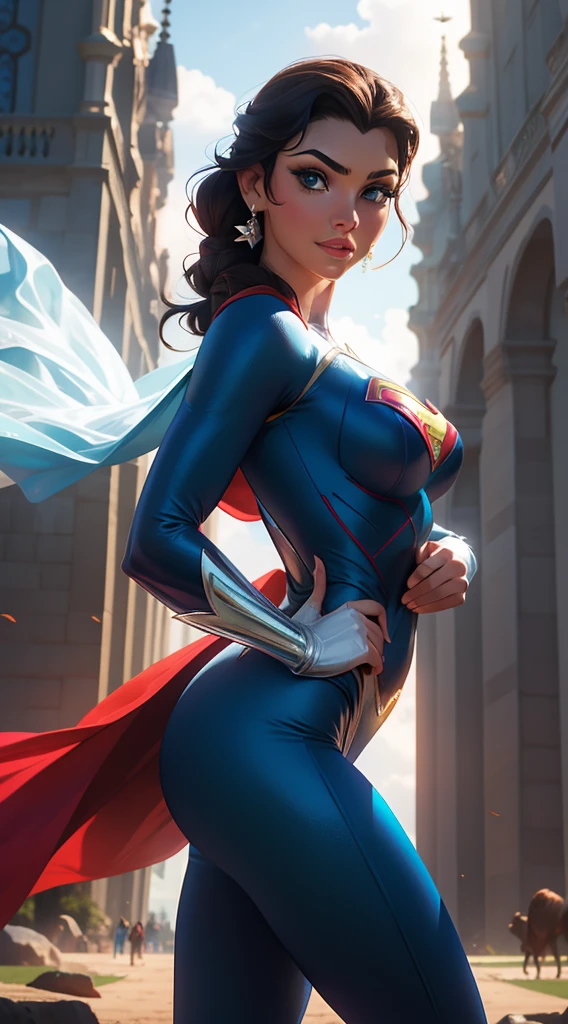 Merger between Elsa and Superman, Roupas do Super-man, melting, 1girl, Beautiful, (master part:1.2), (melhor qualidade:1.2), ((pose de luta)), ((campo de batalha)), cinemactic, olhos perfeitos, pele perfeita, perfect lighting, sorrir, luz, cor, pele texturizada, detalhe, Beleza, maravilha, ultra-detalhado, rosto perfeito
