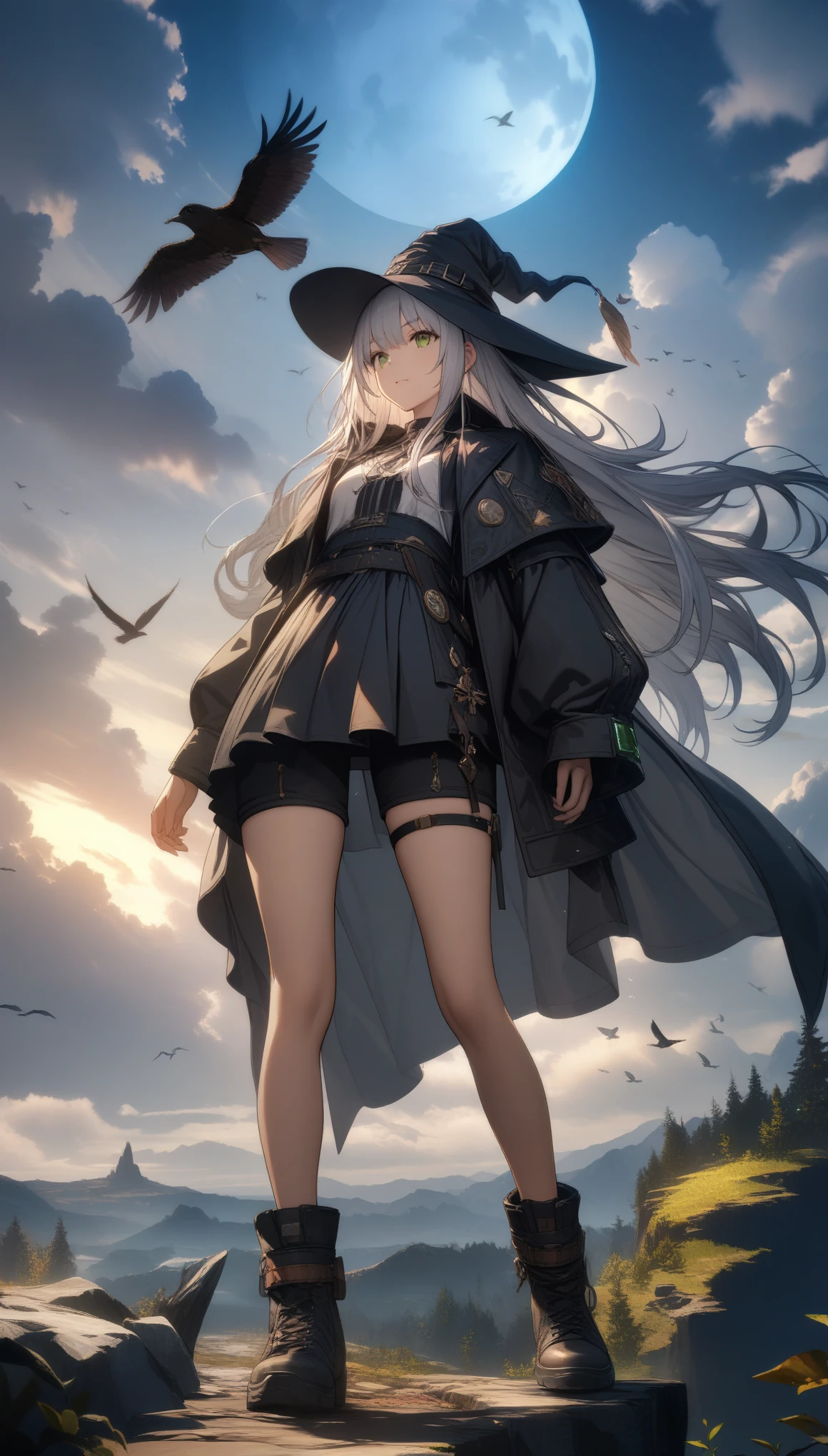 32k, best quality, ultra high res, HDR, UHD, extremely detailed CG, unity 32k wallpaper, highest quality, very detailed, masterpiece, Super detailed, cloud, witch_have, have, 1 girl, null, green_null,Day, length_hair, cloudy_null, moon,bird, alone, Silver_hair, witch, outdoor,