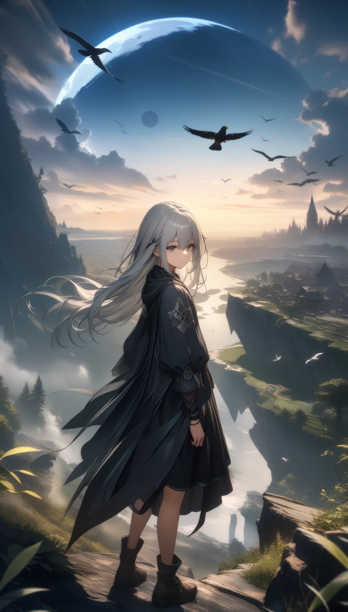 32k, best quality, ultra high res, HDR, UHD, extremely detailed CG, unity 32k wallpaper, highest quality, very detailed, masterpiece, Super detailed, cloud, witch_have, have, 1 girl, null, green_null,Day, length_hair, cloudy_null, moon,bird, alone, Silver_hair, witch, outdoor,