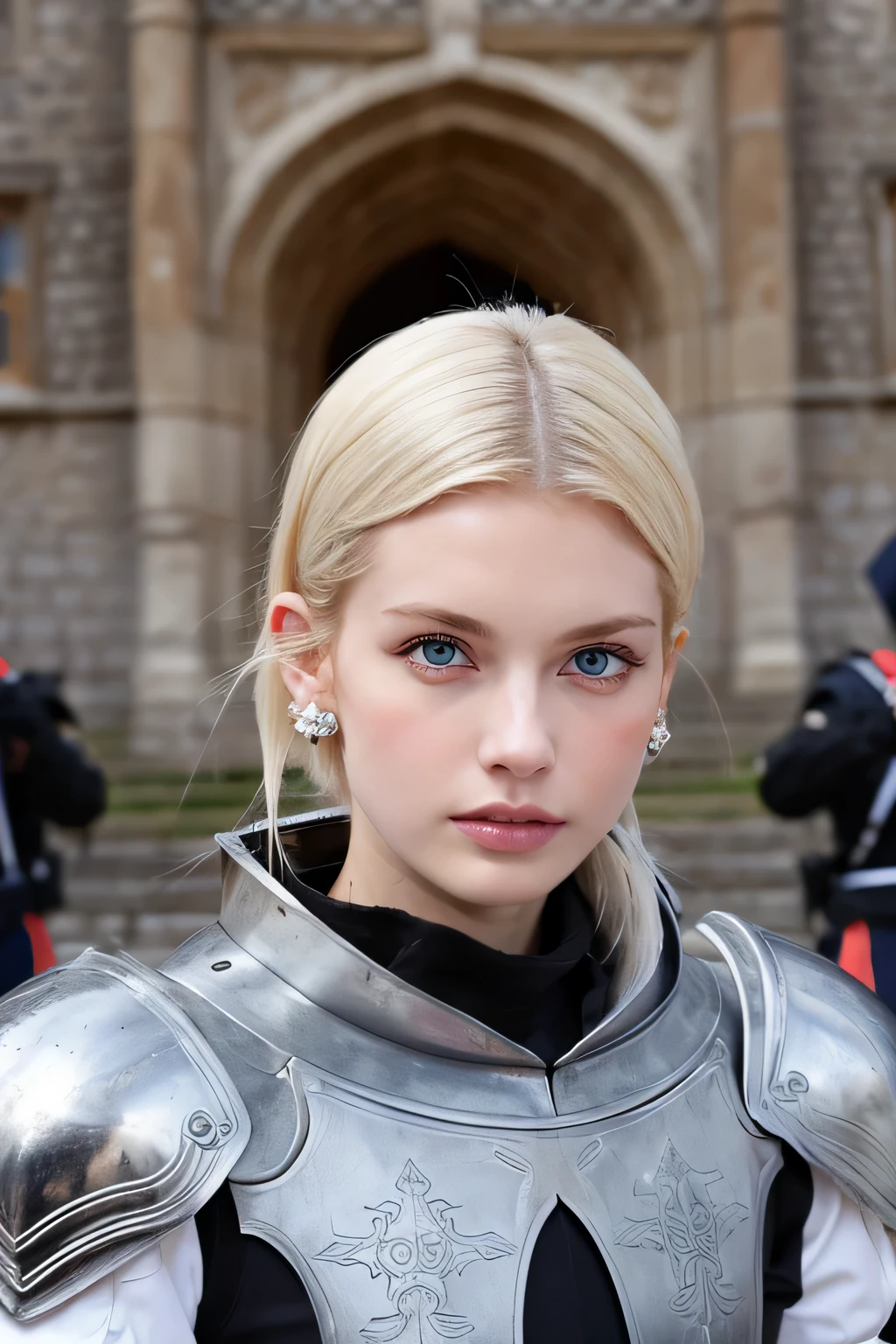 8K、highest quality、female knight、Luxurious Silver Armor、、hairstyle short cut、angry face、gritting one's teeth、full body photo、ear piercing、blonde、white woman、blue eyes、heavy makeup、The background is the interior of the castle...