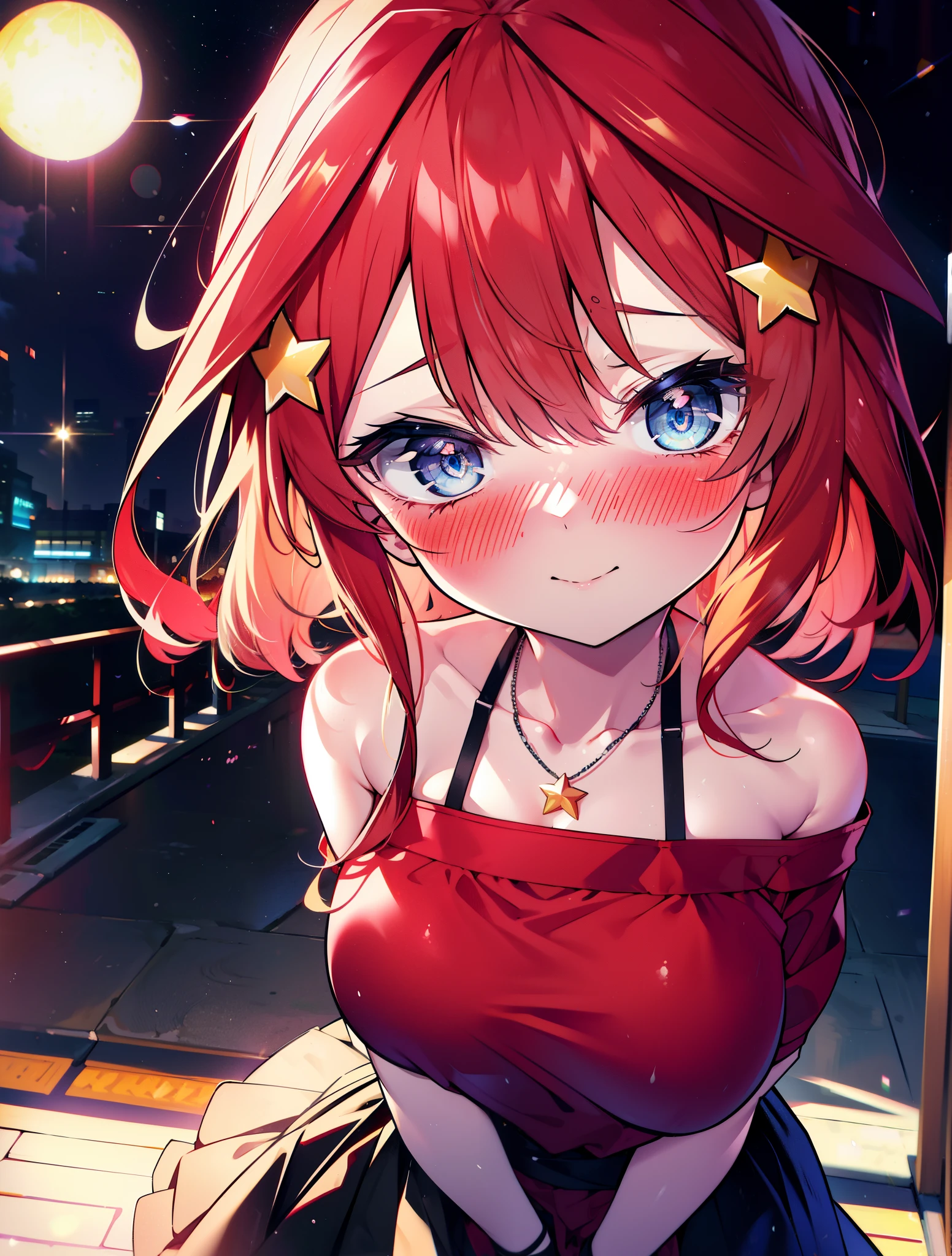 itsukinakano, itsuki nakano, bangs, blue eyes, hair between eyes, Ahoge, redhead, star \(symbol\happy smile, smile, open your mouth,embarrassing,blush, hair ornaments, star hair ornaments,red off shoulder sweater,bare shoulders,bare clavicle,naked neck,Heart Pendant Necklace,Black long skirt,Mini Boots,whole bodyがイラストに入るように,There are many shops,noon,太陽の光
break outdoors, station Entrance,
break looking at viewer,whole body (cowboy shot:1.5),
break (masterpiece:1.2), highest quality, High resolution, unity 8k wallpaper, (shape:0.8), (fine and beautiful eyes:1.6), highly detailed face, perfect lighting, Very detailed CG, (perfect hands, perfect anatomy),