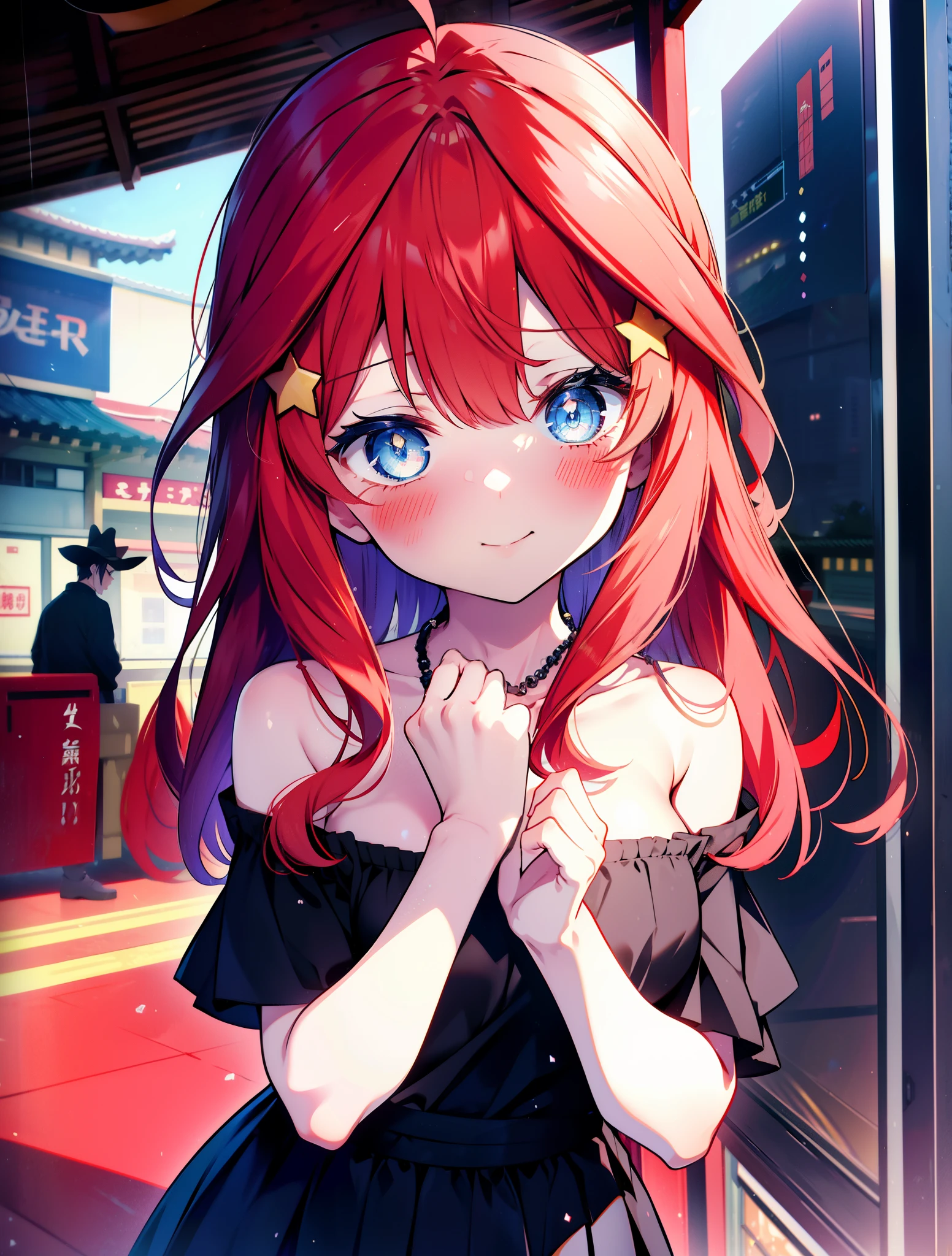 itsukinakano, itsuki nakano, bangs, blue eyes, hair between eyes, Ahoge, redhead, star \(symbol\happy smile, smile, open your mouth,embarrassing,blush, hair ornaments, star hair ornaments,red off shoulder sweater,bare shoulders,bare clavicle,naked neck,Heart Pendant Necklace,Black long skirt,Mini Boots,whole bodyがイラストに入るように,There are many shops,noon,太陽の光
break outdoors, station　Entrance,
break looking at viewer,whole body (cowboy shot:1.5),
break (masterpiece:1.2), highest quality, High resolution, unity 8k wallpaper, (shape:0.8), (fine and beautiful eyes:1.6), highly detailed face, perfect lighting, Very detailed CG, (perfect hands, perfect anatomy),