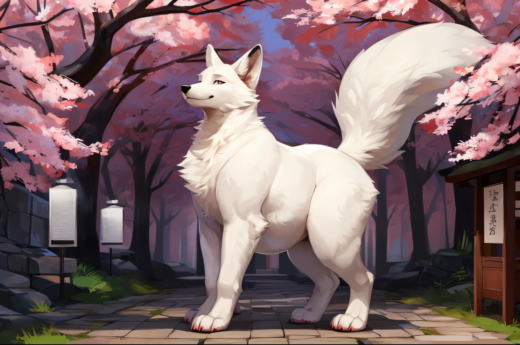 4k ultra quality, 4k full body view,(ultra high detailed body),feral fox, detailed body,by mystikfox61, by glitter trap boy,feral paws, by bebebebebe,by morethreedee, by seibear,(thick thigh),(chubby thigh),thicc thigh,thick legs,chubby legs,thicc legs,massive butt,enomorous thigh,massive thigh,massive legs,thick lower legs,wide legs,(detailed thigh),(wide thigh),fluffy belly sharp nails,((sfw)),(ultra detailed face),detailed eyes,big tail,fluffy tail,(detailed tail),enomorous tail,bigger tail,huge tail,volumetric light,muscle legs,big paws,(thick paws),fluffy paws,furry paws,enomorous paws,(animal focus), beast,(bigger lower body),strong lower body,(long legs),front view,master works, super fine, 4k resolution, high quality,high picture detail,dark fantasy,illusory engine, Masterpiece,dire fox,feral belly,faint lighting,sakura,shrine,white fox,white fur,huge fox