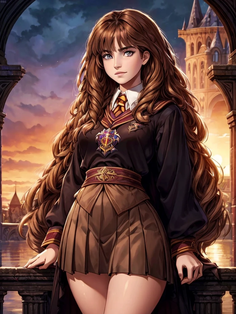 ((ultra quality)), ((masterpiece)), Hermione Granger, Harry Potter, An Epic Picture, ((brown-haired long hair)), (Beautiful face), (beautiful female lips), (), charming, (), looks at the camera, eyes slightly open, (skin color white), (White skin), glare on the body, ((detailed beautiful female eyes)), (eye color - brown), (juicy female lips), (dark eyeliner), (beautiful female hands), ((ideal female figure)), ideal female body, (), beautiful waist, gorgeous thighs, beautiful medium breasts, ((subtle and beautiful)), A seductive stance (), (dressed in Hogwarts school uniform) background: bridge on Hogwarts grounds, Beautiful sunset, ((depth of field)), ((high quality clear image)), (clear details), ((high detail)), realistically, professional photo session, ((Clear Focus)).