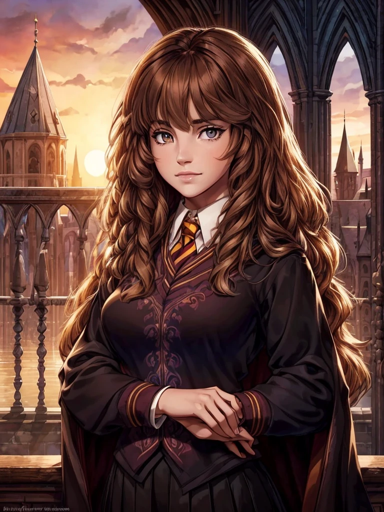 ((ultra quality)), ((masterpiece)), Hermione Granger, Harry Potter, An Epic Picture, ((brown-haired long hair)), (Beautiful face), (beautiful female lips), (), charming, (), looks at the camera, eyes slightly open, (skin color white), (White skin), glare on the body, ((detailed beautiful female eyes)), (eye color - brown), (juicy female lips), (dark eyeliner), (beautiful female hands), ((ideal female figure)), ideal female body, (), beautiful waist, gorgeous thighs, beautiful medium breasts, ((subtle and beautiful)), A seductive stance (), (dressed in Hogwarts school uniform) background: bridge on Hogwarts grounds, Beautiful sunset, ((depth of field)), ((high quality clear image)), (clear details), ((high detail)), realistically, professional photo session, ((Clear Focus)).