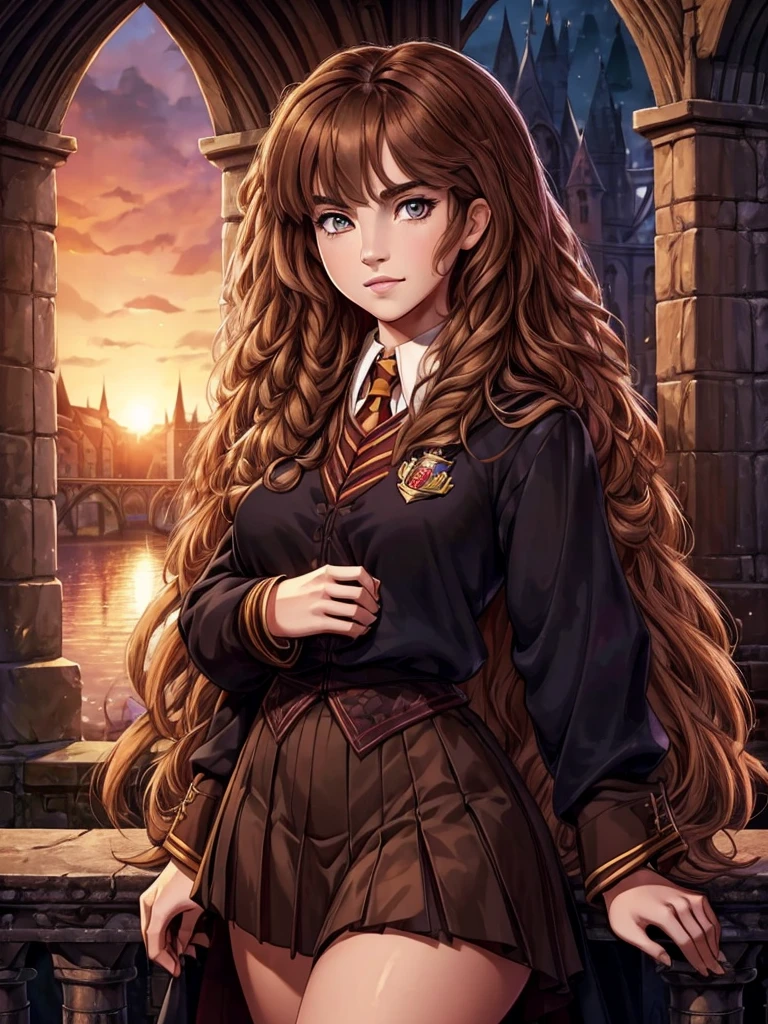 ((ultra quality)), ((masterpiece)), Hermione Granger, Harry Potter, An Epic Picture, ((brown-haired long hair)), (Beautiful face), (beautiful female lips), (), charming, (), looks at the camera, eyes slightly open, (skin color white), (White skin), glare on the body, ((detailed beautiful female eyes)), (eye color - brown), (juicy female lips), (dark eyeliner), (beautiful female hands), ((ideal female figure)), ideal female body, (), beautiful waist, gorgeous thighs, beautiful medium breasts, ((subtle and beautiful)), A seductive stance (), (dressed in Hogwarts school uniform) background: bridge on Hogwarts grounds, Beautiful sunset, ((depth of field)), ((high quality clear image)), (clear details), ((high detail)), realistically, professional photo session, ((Clear Focus)).