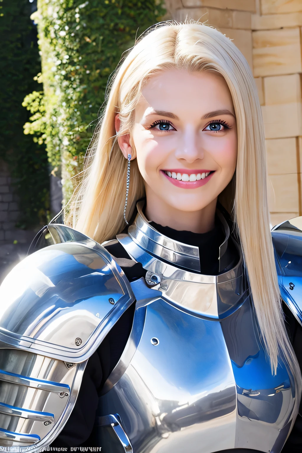 8K、highest quality、female knight、Luxurious Silver Armor、、hairstyle shortcut、smile、Full body photo with mouth open、ear piercing、blonde、white woman、blue eyes、heavy makeup、The background is the interior of the castle...