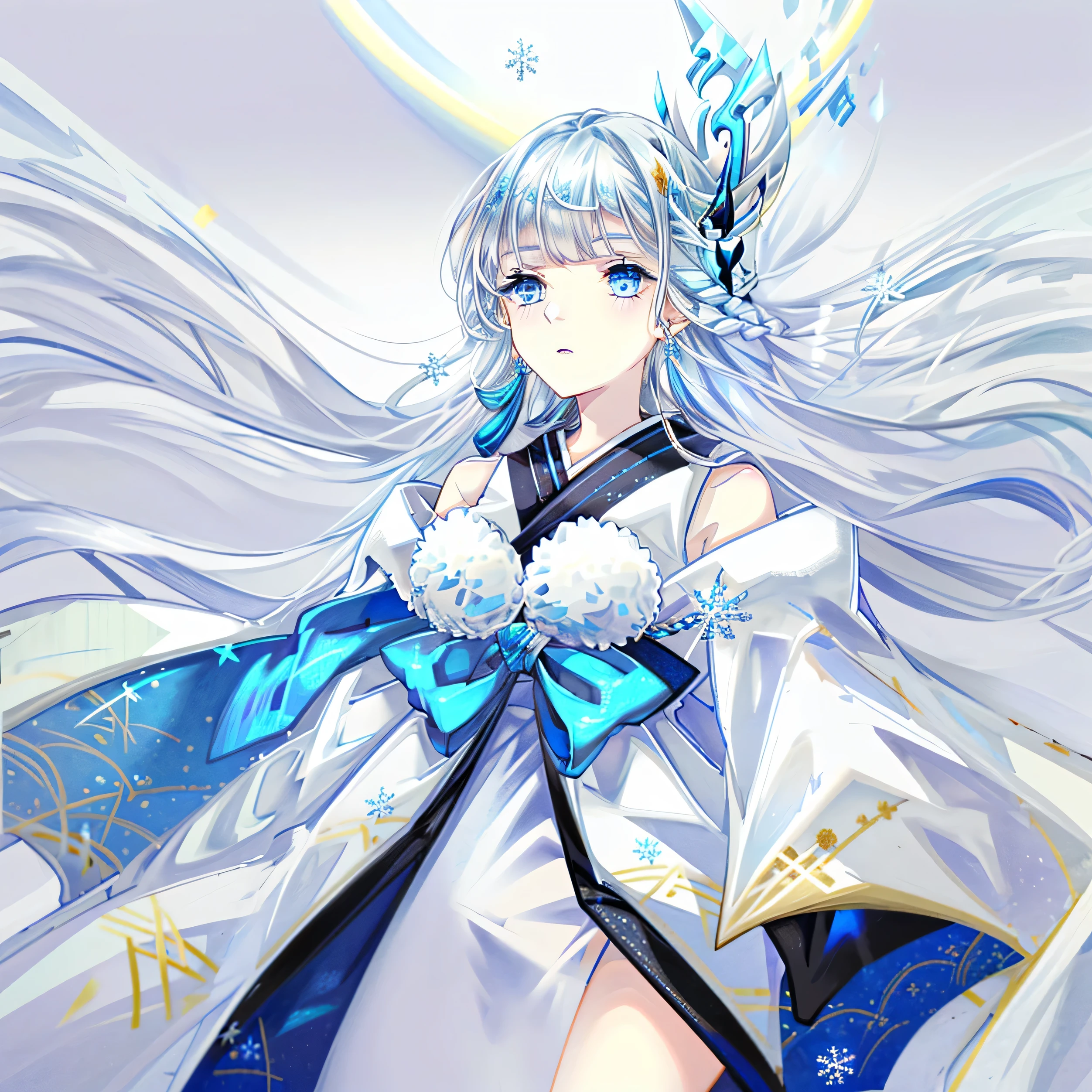 winter,1girl, pale skin, snowflake-themed outfit, ice crown, , neutral expression, ice crystals, elegant, , snowflakes,  1girl,Japanese kimono, bare shoulder, light blue hair, extremely long hair, blue eyes, hair ornament, blue ribbon, blue earring