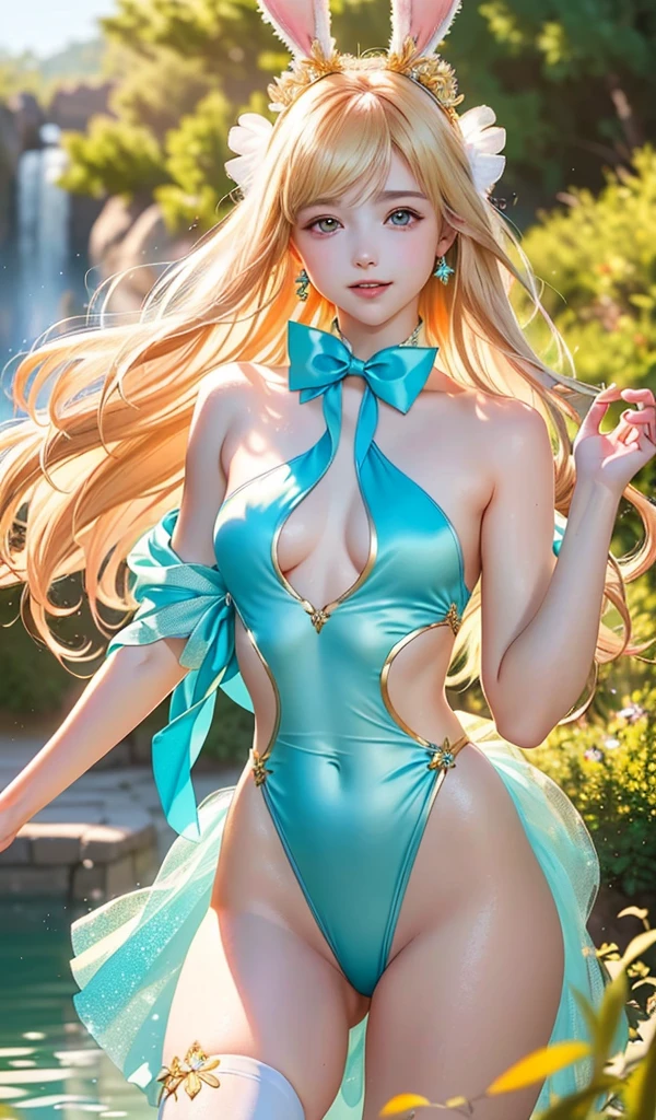 masterpiece, best quality, extremely detailed CG unity 8k wallpaper, (Upper Body head close-up shot of a beautiful ), , Elegant Long straight blonde hair, (Mckenna Grace), (flat chest,thighs), (Cyan-orange) golden (Glittering tutu,long Bunny Ear Headgear, , Bow-tie, No panties, genitals visible), (spread legs), (Blush), oil skin, (seductive smile), (Wonderland), pretty face, key art, award winning, intricate detail realism hdr, by (ruan jia and artgerm and range murata), Photorealism, Hyperrealism, ultra realistic, dramatic light, intense shadows, gorgeous view, depth of field