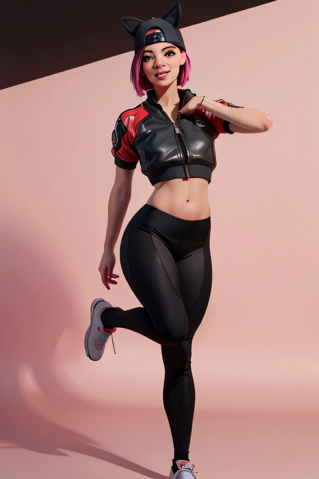 1 chica, (obra maestra), (Mejor calidad), de pie, (solo), mirando al espectador, alto detallado,Extremadamente detallado, anteojos, sonrisa,dynamic pose, pelo corto rosa,gorra,top corto, chaqueta,guante sin dedos,con curvas,bosque,anteojos,(leggins negros),(retrato:1.2),