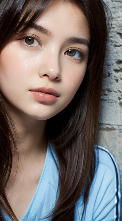 beautiful girl, portrait, masterpiece, Best Quality, Photo-realistic, Ultra-detailed, High resolution, 8K Wallpaper, , Russian French Japanese and Korean mixed face, noble pure innocent and cute face, dark brown messy long hair, accurate human skeleton, Perfect dynamic composition, Beautiful detailed eyes, detailed hairs, Detailed realistic skin texture, basement background, concrete wall background, bright light, sunlight, 