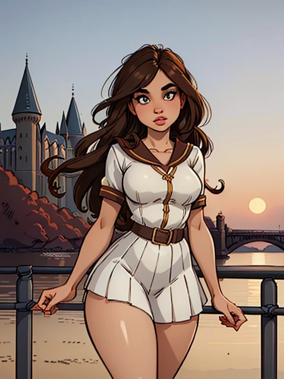 ((ultra quality)), ((masterpiece)), Hermione Granger, Harry Potter, An Epic Picture, ((brown-haired long hair)), (Beautiful face), (beautiful female lips), (), charming, (), looks at the camera, eyes slightly open, (skin color white), (White skin), glare on the body, ((detailed beautiful female eyes)), (eye color - brown), (juicy female lips), (dark eyeliner), (beautiful female hands), ((ideal female figure)), ideal female body, (), beautiful waist, gorgeous thighs, beautiful medium breasts, ((subtle and beautiful)), A seductive stance (), (dressed in Hogwarts school uniform) background: bridge on Hogwarts grounds, Beautiful sunset, ((depth of field)), ((high quality clear image)), (clear details), ((high detail)), realistically, professional photo session, ((Clear Focus)).
