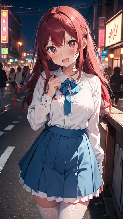mastute piece,Best Quality,insanely detailed,8k cg,nsfw,
shoot full body,
1girl,standing,body in front,(white blouse shirt),break,(blue long skirt:1.3),break,(white tights), 
BREAK,
blush,shy,??????? face,gasping,(trembling:1.2),red hair,break,open mouth,(neon street:1.3),(love hotel:1.3),night,