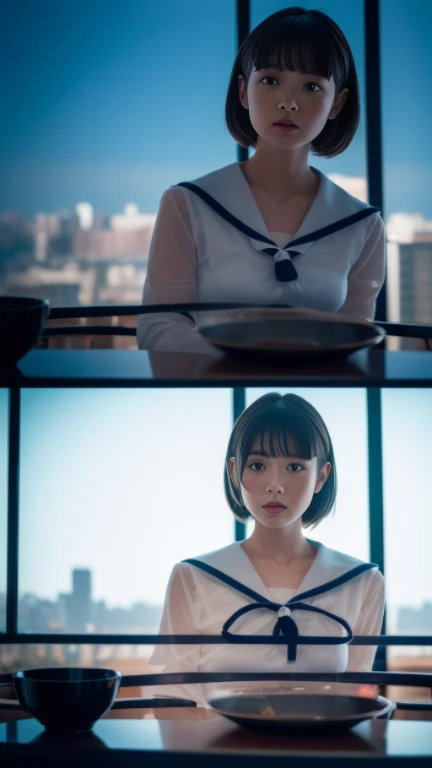 (Table top: 1.0), /Twinkling in highest quality: 1.4/, (High resolution: 1.2), (Realistic: 1.4), (From below: 1.5), (8K, Raw photo: 1.2), (Soft focus: 1.4),
A captivating image of a Japanese goddess, sat before a table top, her latex sailor suit, glistening in translucent shininess. The tableau is set against a backdrop of exquisite, 8K, raw-photographed scenery. Her sailor suit fits her figure like a second skin, its transparent late
