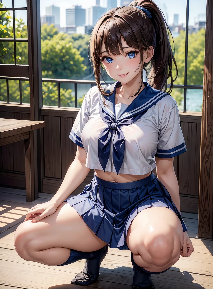 beautiful features、Japanese、brown hair、((ponytail、deep blue eyes:1.2))、shiny smooth hair, thick bangs、(bright smile:1.2), ((Image Processing Algorithms:1.2))、highly detailed eyes, highest quality, ultra hd, HDR, Beautiful and vivid illustrations、high contrast、Tonal correction、Ultra-realistic oily and glossy skin, super fine, High resolution CG Unity 8K wallpaper, Raw photo, precise fingers, anatomically correct,exposing belly、attractive thighs、sailor suit、pleated skirt、white loose socks、Squatting while holding the skirt、