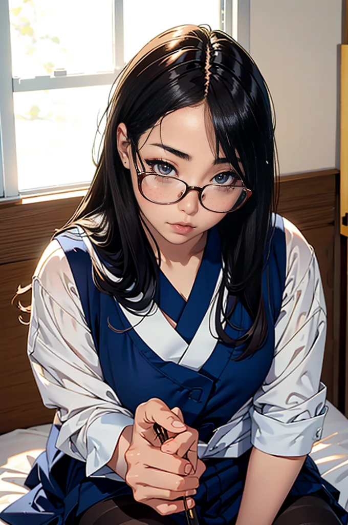 Japanese woman sitting on the bed with glasses on,Young beautiful girl gravure idol, 1,(Raw photo:1.2), (realistic:1.4), random pose,Meticulous beautiful girl, highly detailed eyes and face, detailed and beautiful eyes, absurd, incredibly ridiculous, huge file size, super detailed, High resolution, best quality，((Japanese girls&#39; high school uniform))，enlightenment，cg，amazing cleavage，finely，best quality，face light，cinematic lighting,  28 years old,(wearing glasses)，((pantyhose))，((sit with legs apart))，cute freckles.Mole under left eye,