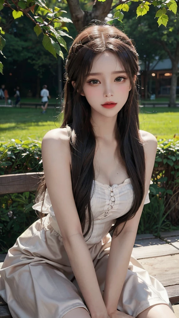 (1girl:1.3), sexy pose, slim body, (photorealistic:1.4), (masterpiece, top quality, best quality, official art), extreme detailed, highest detailed, (ultra-detailed), ((an extremely delicate and beautiful)), cinematic light, (realisticlying:1.3), (highdetailskin:1.2), high resolution, 8K UHD, 4K, 8K, Bokeh, digital SLR camera, absurderes, Optimal proportions of four fingers and one thumb, in the park with trees,sitting on bench, ((silky long hair)), (brown hair), tears, beautiful face, perfect face, highly detailed beautiful face, Cute, shy,blush, dynamic angle, from above,looking at viewer, wearing Tulle Overlay Camisole dress