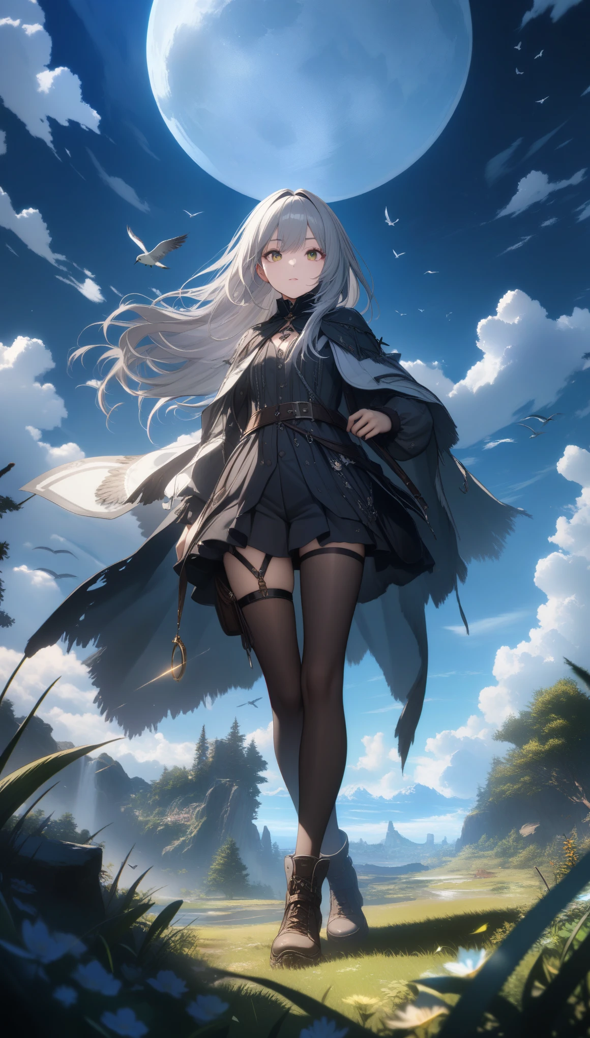 32k, best quality, ultra high res, HDR, UHD, extremely detailed CG, unity 32k wallpaper, highest quality, very detailed, masterpiece, Super detailed, cloud, witch_have, have, 1 girl, null, green_null,Day, length_hair, cloudy_null, moon,bird, alone, Silver_hair, witch, outdoor,  