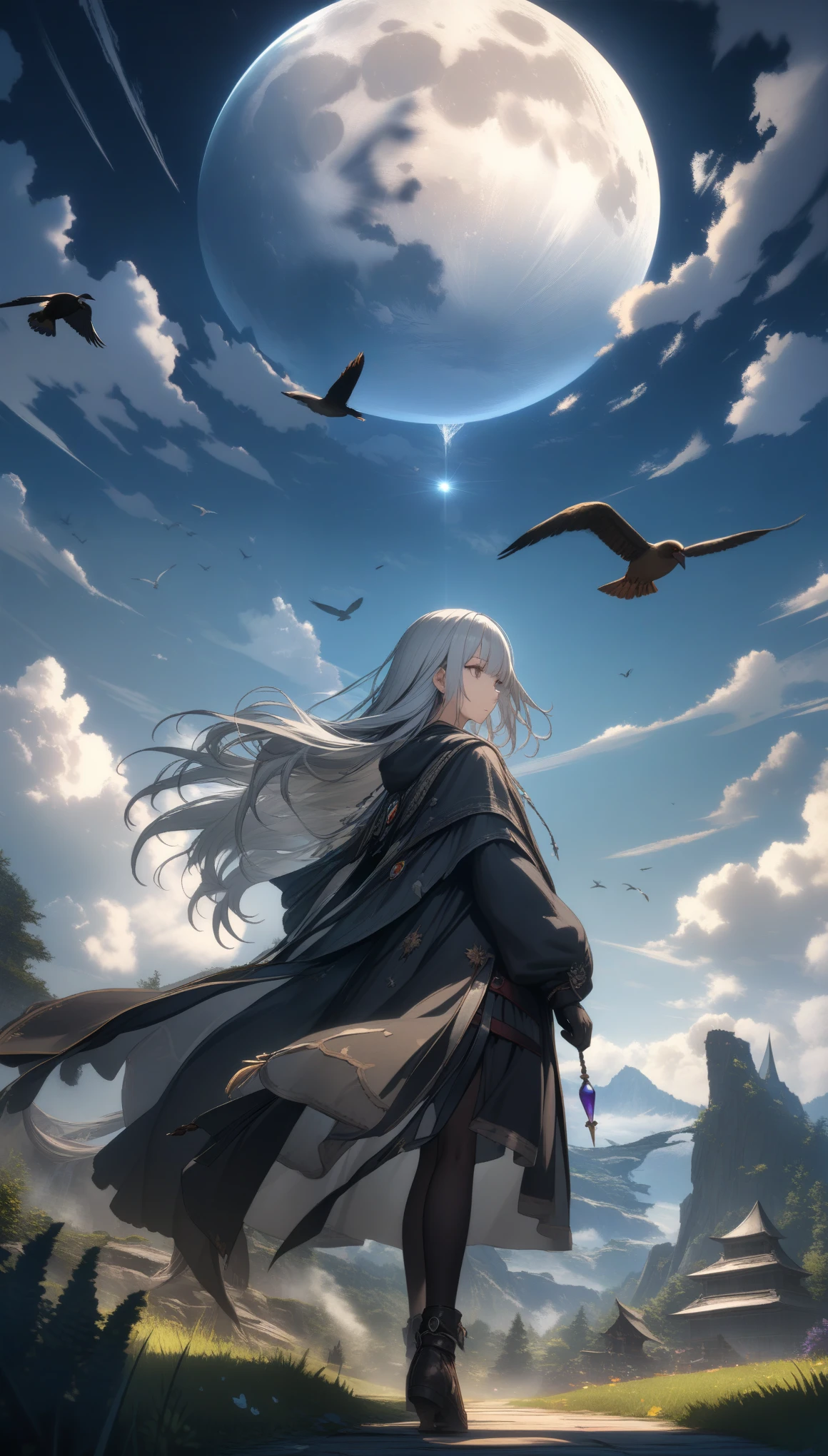 32k, best quality, ultra high res, HDR, UHD, extremely detailed CG, unity 32k wallpaper, highest quality, very detailed, masterpiece, Super detailed, cloud, witch_have, have, 1 girl, null, green_null,Day, length_hair, cloudy_null, moon,bird, alone, Silver_hair, witch, outdoor,  