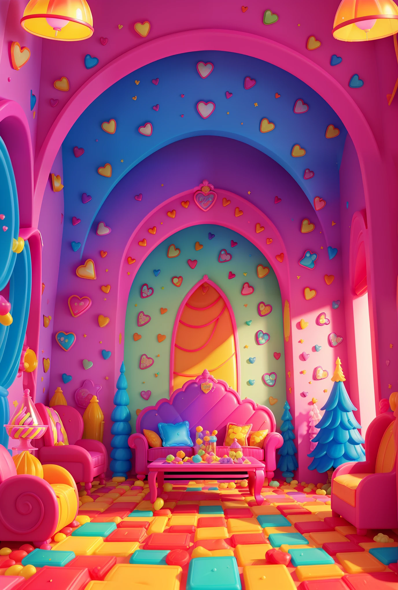 A candy castle filled with colorful candy mountains, candy rivers, candy trees, candy bridges, candy roads, candy buildings, candy sculptures, candy decorations, candy lanterns, candy flower beds, candy fountains, candy stairs, candy murals, candy seats, candy carpets, candy curtains, candy beds, candy dining tables, candy tableware, candy wine glasses, candy candle holders, candy fireplaces, candy wall lights, candy tapestries. The scene is dreamy, with rich details and vibrant colors, creating a sweet and whimsical atmosphere. The artwork is created with a mix of illustration and photography. The image is of best quality, ultra-detailed, photorealistic, and vividly colored, with studio lighting enhancing the overall composition and atmospheric lighting.