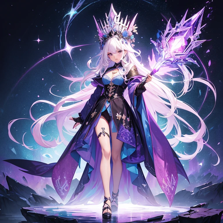 ((masterpiece, highest quality)), detailed face, full body esbian, Full of details, Multiple poses and expressions, very detailed, depth, many partagic Taoist,Holds a crystal wand,fantasy style,Very beautiful and mysterious,fantasy,rainbow colors,high balance, Natural light, black lace,black laceパンスト,starry sky,star decoration,white hair,Pink Lip,flower hair ornament,Blue and purple light long coat,full body angle