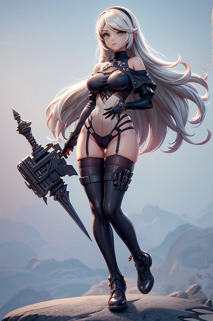Nier automata, (nier automata), solo, ray tracing, Estilo 3D, 3DMM, corpo inteiro,(Front view), (Emist on the left),(seios muito grande),barriga perfeita, perfect and symmetrical eyes, (perfect handuturistic sword in hand)), ((cabelos curto)), pele clara, cintura fina, pernas grande, low water, Show legs to the top of the waist, (tecido partido caindo sobre as pernas),((top muito aberto)),pele ultra realista, pele ultra detalhada, olhos realistas humano,pele ultra realista,traje super sensual, top com babados,(pubis com muito volume),(extremamente sensual),(very sensual),((saia rodada com texturas detalhas nas extremidades)),((saia rodada com abertura em uma das laterias)),((saia curta projetada para traz)),((bodysuit extremamente fino branco cavado)),((white bodysuit with slit to the waist)),((mid-waist bodysuit)),(mostrar pernaostrar pernas), top quadriculado, fendas da cintura para a coxa, desenhos decorando tecidos, linhas acesas no tecido,texturas bem definidas, dress flying backwards,(((Big tits))),(((Big tits))),(((bodysuit cavado branco))),(((bodysuit cavado branco))),(((ninfa))),(((ninfeta))),((ninfeta)),((((one shoulder thigh length))))