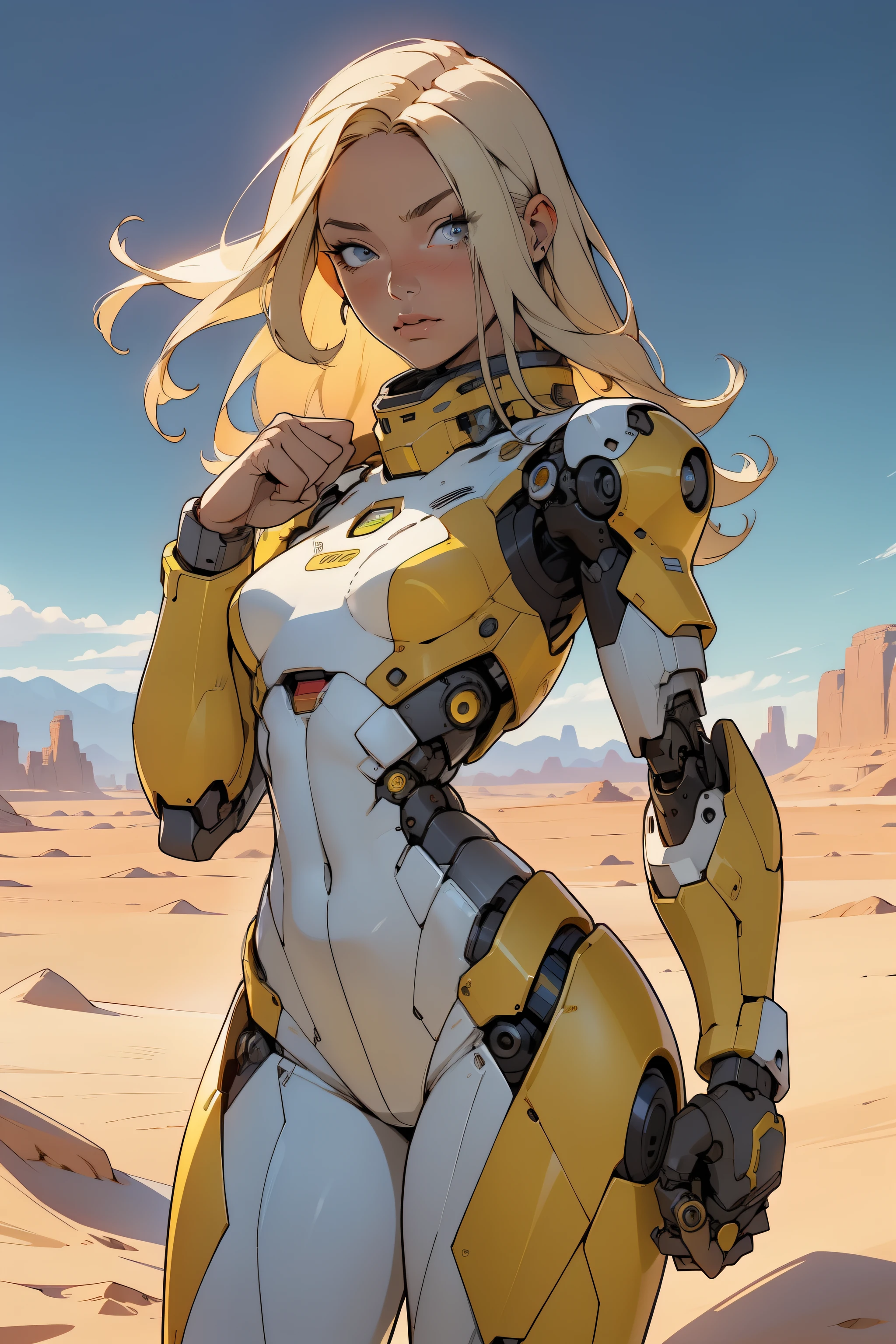 high quality, 4k, masterpiece, beautiful, cyborg girl, cowboy shot, dull eyes, front, looking at viewer, long blonde hair, girl, small breasts, fit thighs, robotic arms, robotic body, cyborg body, yellow & white uniform, red accent, intricate detail, joint, detailed lines, robotic detail, holding fist up, holding hand up as fist, color robotic parts, robotic parts with color, perfect fingers, on a desert planet, sunny background, colorful desert, a river or a lake in the background