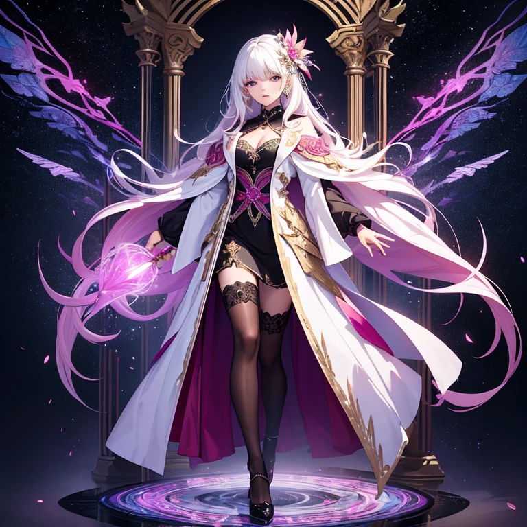 ((masterpiece, highest quality)), detailed face, full body esbian, Full of details, Multiple poses and expressions, very detailed, depth, many partagic Taoist,Holds a crystal wand,fantasy style,Very beautiful and mysterious,fantasy,rainbow colors，high balance, Natural light, black lace，black laceパンスト，starry sky,star decoration,white hair,Pink Lip,flower hair ornament,Red and purple light long coat,full body angle