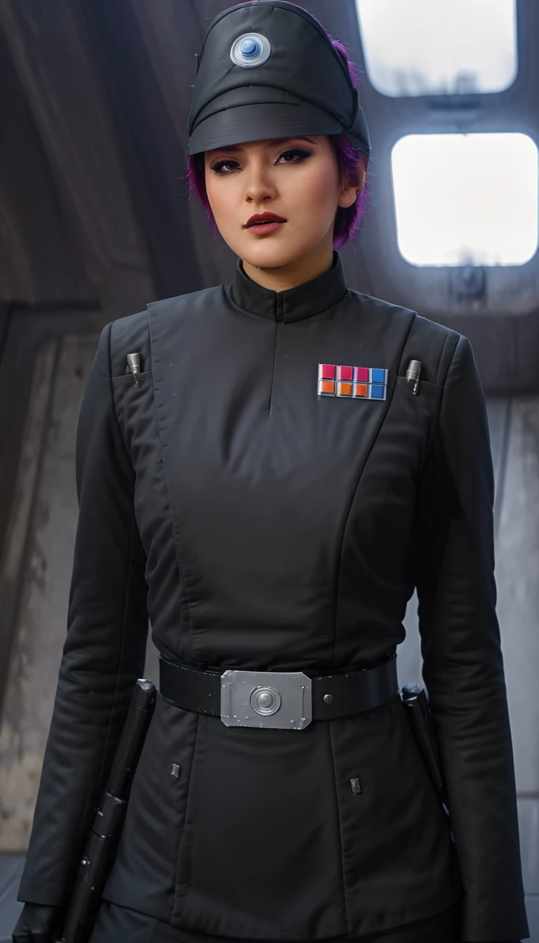 A beautiful sexy , sabine wren, dressed as imperial officer (detailed realistic,4k,highres,masterpiece:1.2), 
