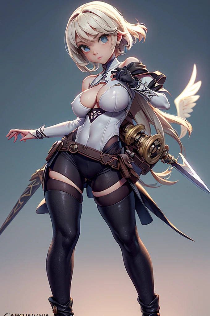 Nier automata, (nier automata), solo, ray tracing, Estilo 3D, 3DMM, corpo inteiro,(Front view), (Emist on the left),(seios muito grande),barriga perfeita, perfect and symmetrical eyes, (perfect handuturistic sword in hand)), ((cabelos curto)), pele clara, cintura fina, pernas grande, low water, Show legs to the top of the waist, (tecido partido caindo sobre as pernas),((top muito aberto)),pele ultra realista, pele ultra detalhada, olhos realistas humano,pele ultra realista,traje super sensual, top com babados,(pubis com muito volume),(extremamente sensual),(very sensual),((saia rodada com texturas detalhas nas extremidades)),((saia rodada com abertura em uma das laterias)),((saia curta projetada para traz)),((bodysuit extremamente fino branco cavado)),((white bodysuit with slit to the waist)),((mid-waist bodysuit)),(mostrar pernaostrar pernas), top quadriculado, fendas da cintura para a coxa, desenhos decorando tecidos, linhas acesas no tecido,texturas bem definidas, dress flying backwards,(((Big tits))),(((Big tits))),(((bodysuit cavado branco))),(((bodysuit cavado branco))),(((ninfa))),(((ninfeta))),((ninfeta)),((((one shoulder thigh length))))
