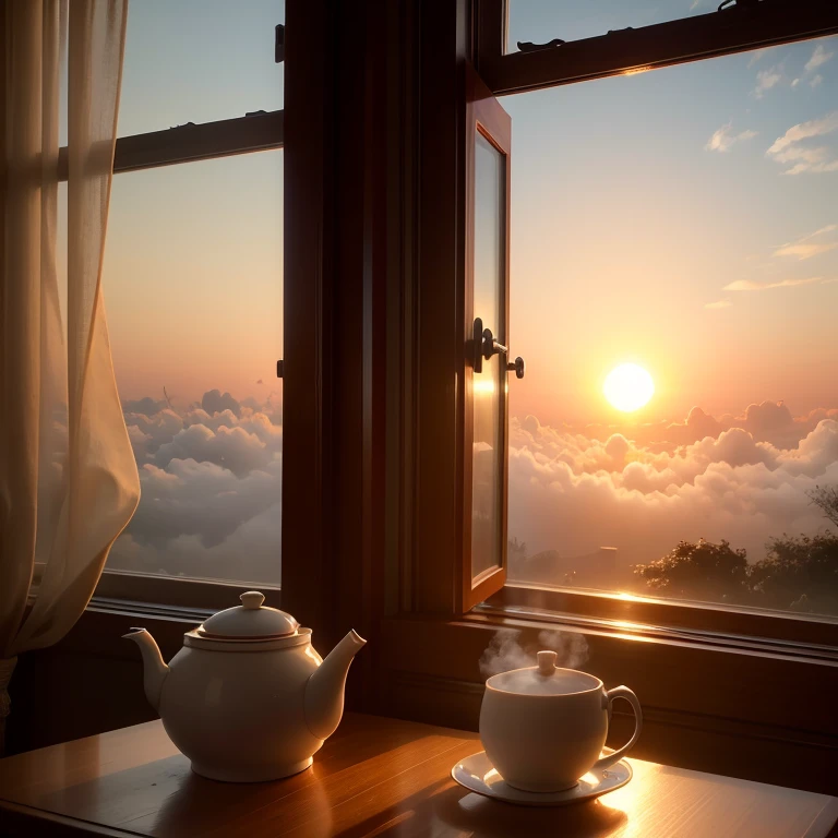 Sun rise seen from window as a cup of steaming tea is placed on the table