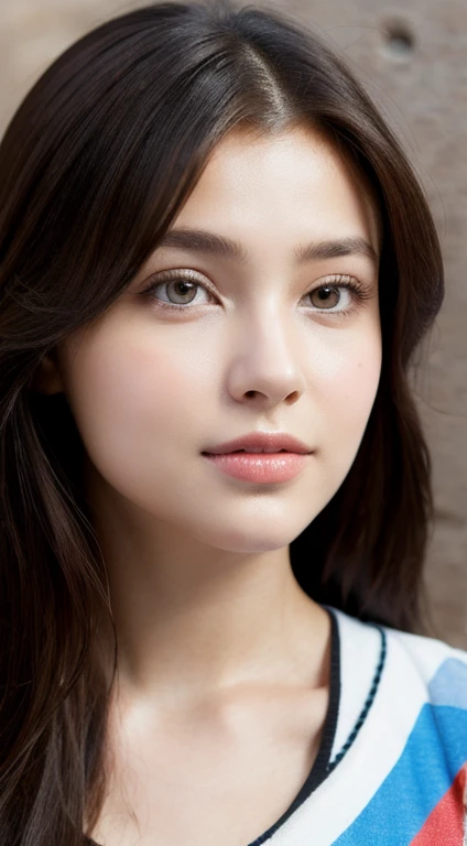 beautiful girl, portrait, masterpiece, Best Quality, Photo-realistic, Ultra-detailed, High resolution, 8K Wallpaper, , Japanese Korean and Russian mixed face, noble pure innocent and cute face, dark brown messy long hair, accurate human skeleton, Perfect dynamic composition, Beautiful detailed eyes, detailed hairs, Detailed realistic skin texture, basement background, concrete wall background, bright light, sunlight, 