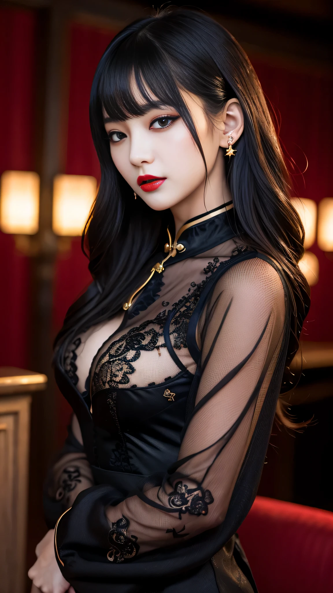 tra-detailed、Japanese、attractive beauty、seductive adult woman、pretty woman、piercing eyes、cool girl、wavy hair、swept bangs、Long Black and Gold Cheongsam、wide sleeves、Evil cadres、evil depravity、brainwash、mind control、lipstick、have、lip gloss、dark makeup、smirk、Evil expression、evil、hollow eyes,half-closed eyes、empty eyes、evil、church at night、vampire、succubus、vampire、Swear allegiance、sexy pose