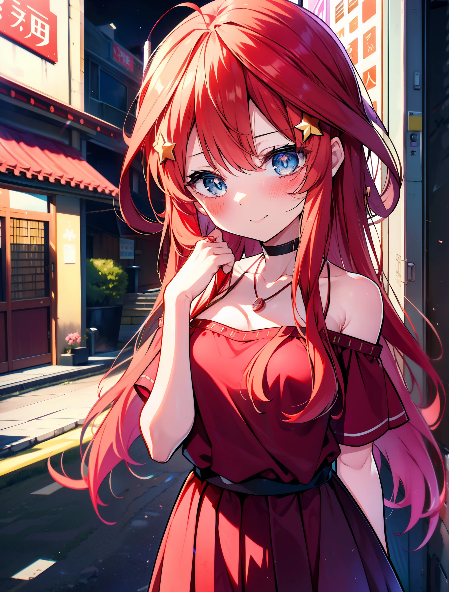 itsukinakano, itsuki nakano, bangs, blue eyes, hair between eyes, Ahoge, redhead, star \(symbol\happy smile, smile, open your mouth,embarrassing,blush, hair ornaments, star hair ornaments,red off shoulder sweater,bare shoulders,bare clavicle,naked neck,Heart Pendant Necklace,Black long skirt,Mini Boots,whole bodyがイラストに入るように,There are many shops,noon,太陽の光
break outdoors, station Entrance,
break looking at viewer,whole body (cowboy shot:1.5),
break (masterpiece:1.2), highest quality, High resolution, unity 8k wallpaper, (shape:0.8), (fine and beautiful eyes:1.6), highly detailed face, perfect lighting, Very detailed CG, (perfect hands, perfect anatomy),