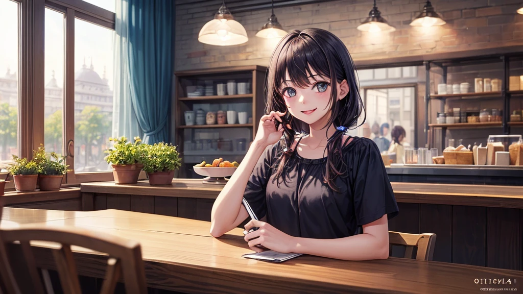 (original photo, best quality), 1 girl,  natural lighting, Upper body, cafes, Smile,
Satosh Khan Art Style