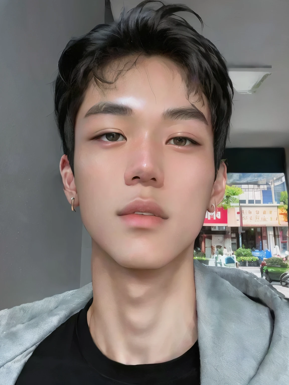 ((best quality)), (detailed), perfect face, HOMEM COREANO, SEM CAMISA, rosto bonito, PEITO MUSCULAR, volume na cueca, protuberance, grande, futurista, Corpo magro, rouco, magro, big nice protuberance, lindo ator coreano, poses sensuais, sensual, blushing red makeup, red lips, white pale skin,