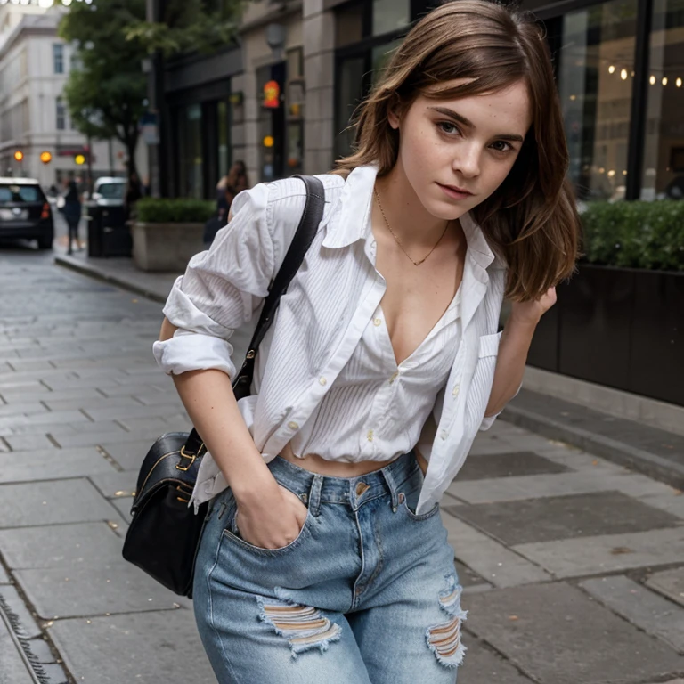 Emma Watson wearing striped dress shirt with ripped jeans