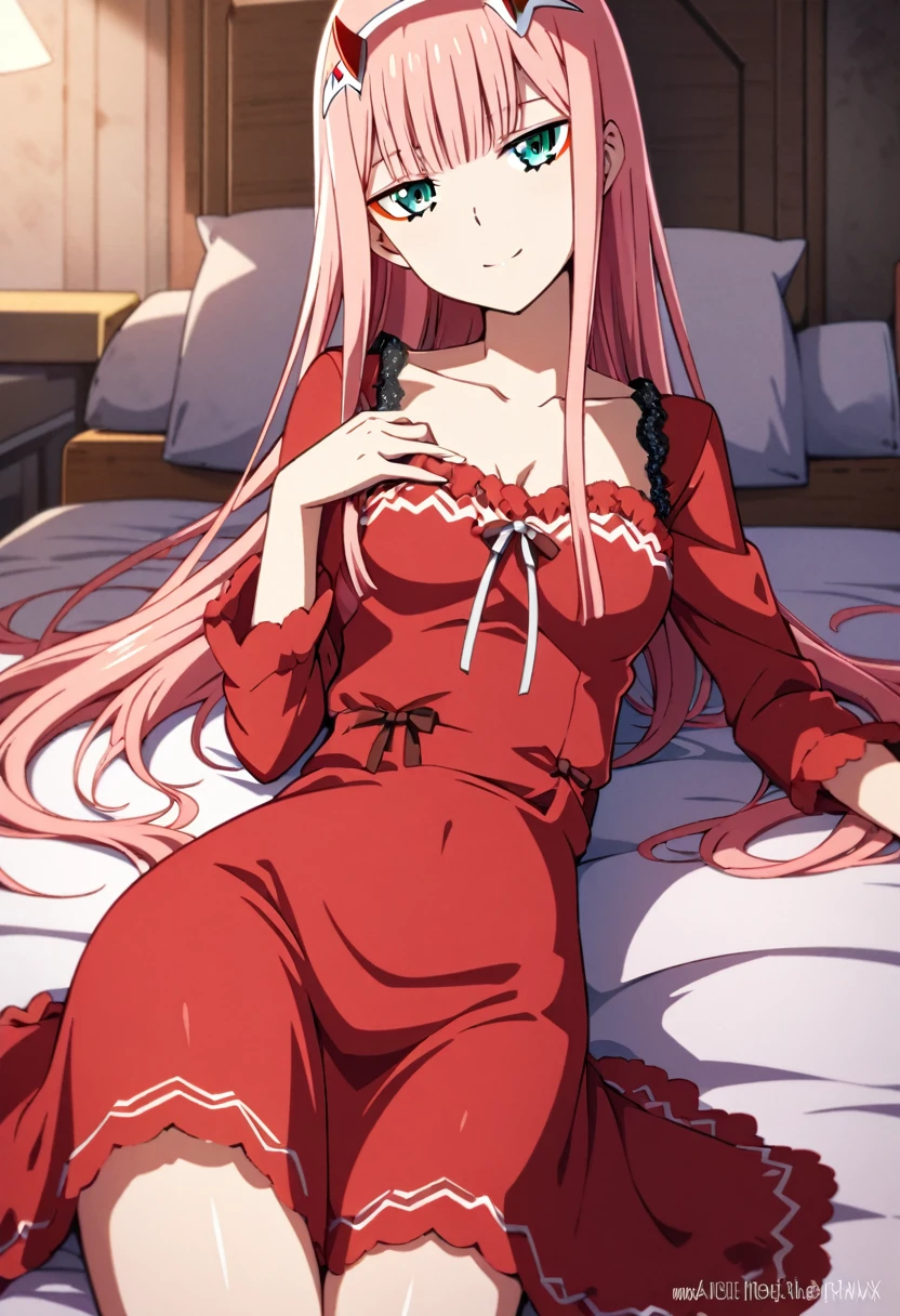 Anime girl Zero Two from Darling in the Franxx, with green eyes and a horn, long hair with bangs, lying on a bed and blushing while looking at viewers. She is wearing beautiful red nightwear with black detailing. Detailed and cozy indoor lighting, Anime style, character design by Atsushi Nishigori, artstation, digital painting, cinematic lighting, 4k resolution